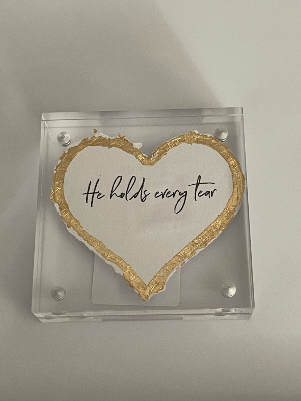 Gold-Edged Heart Acrylic Block Sign - "He Holds Every Tear"